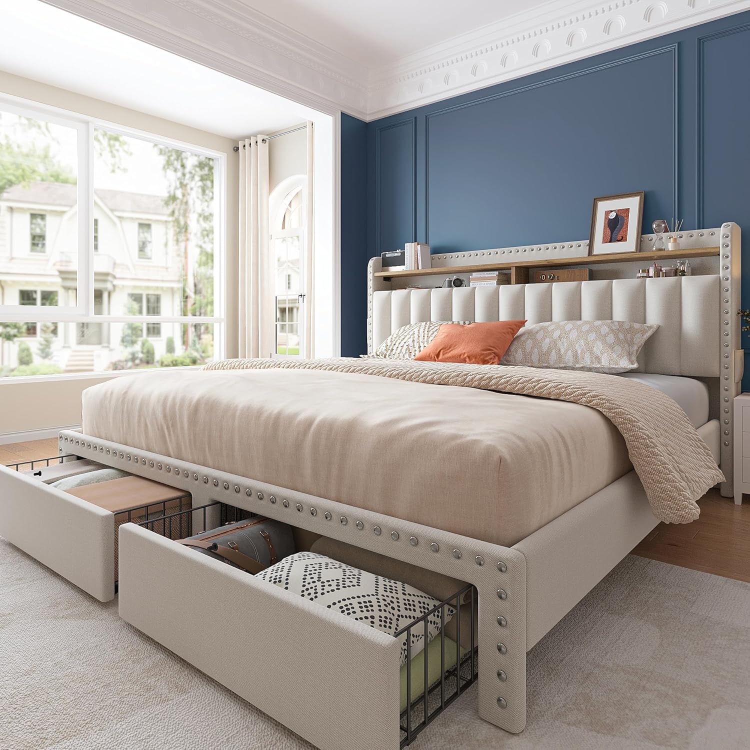 EnHomee Queen Bed Frame with Storage Drawers and Headboard
