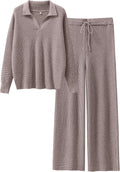 Women Two Piece Waffle Knit Sweater Set - Cozy Wide Leg Lounge