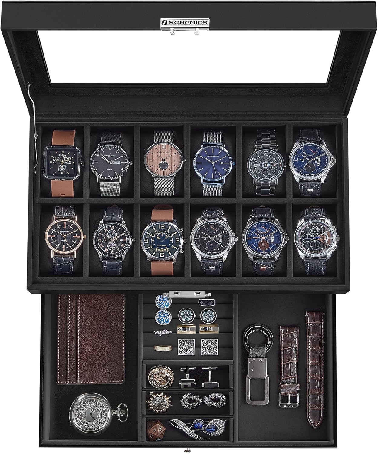 12-Slot Watch Box Organizer with Glass Lid and Metal Lock