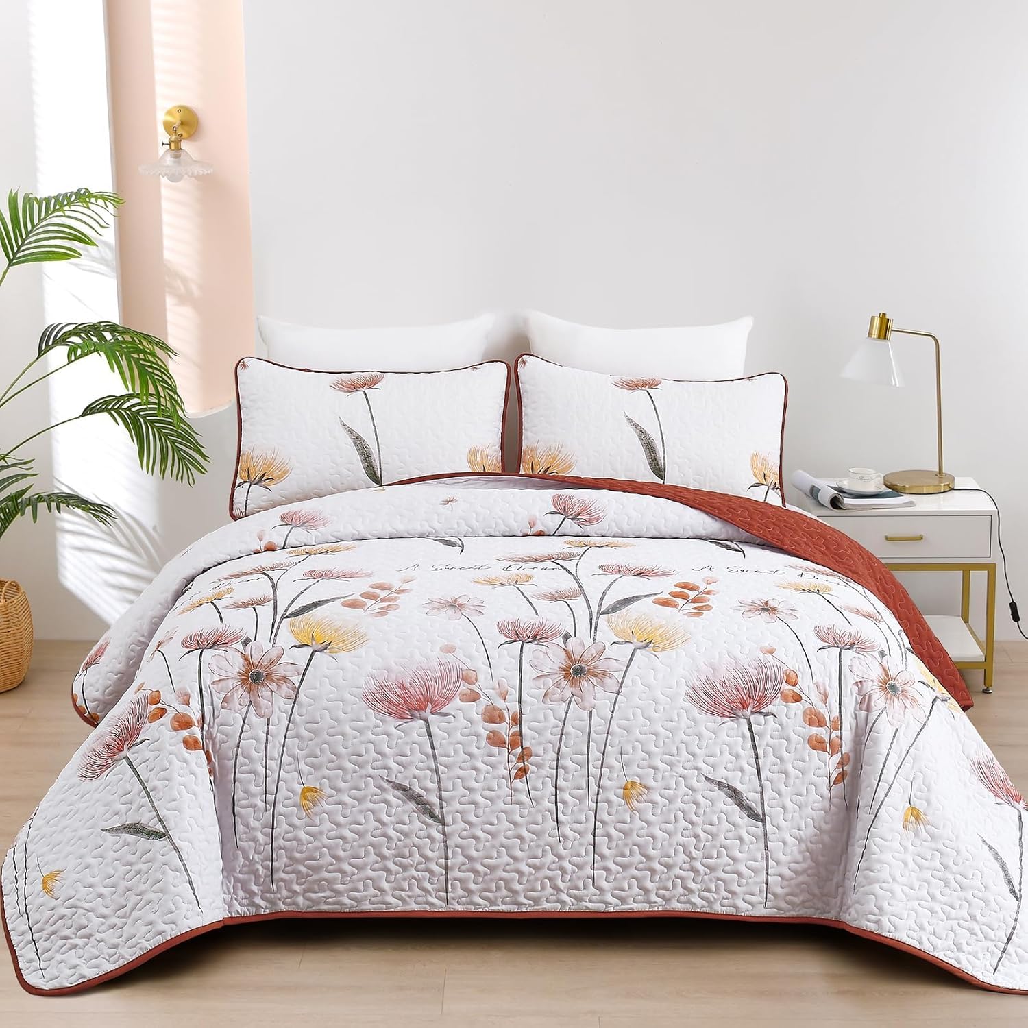Floral King Size Quilt Set in Burnt Orange & Yellow for All Seasons