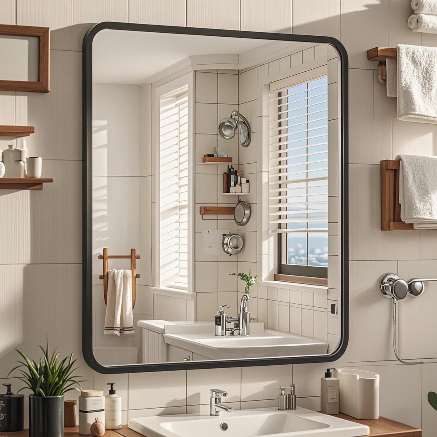 24x30 Black Bathroom Mirror for Modern Vanity and Wall Use