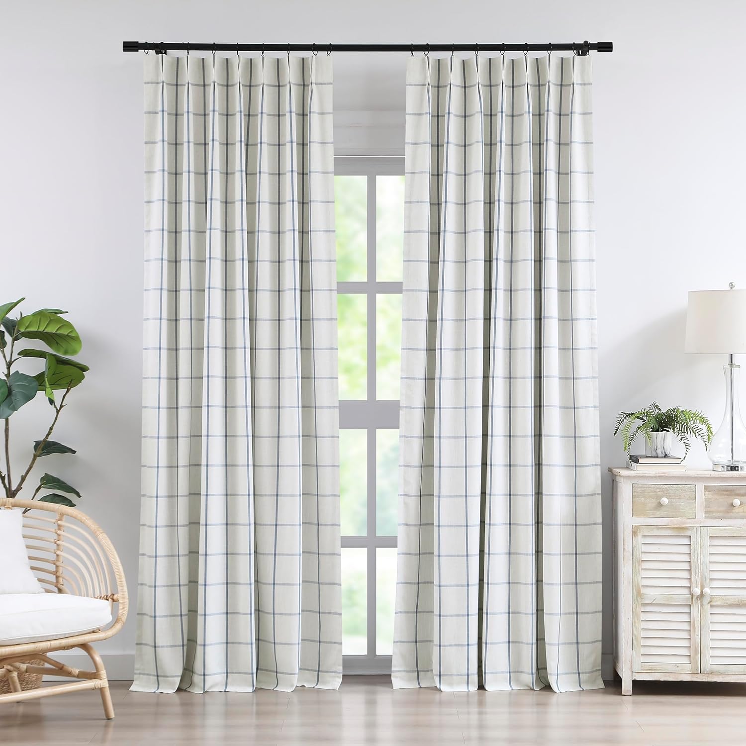 Vision Home Blue Plaid Linen Pinch Pleated Blackout Curtains