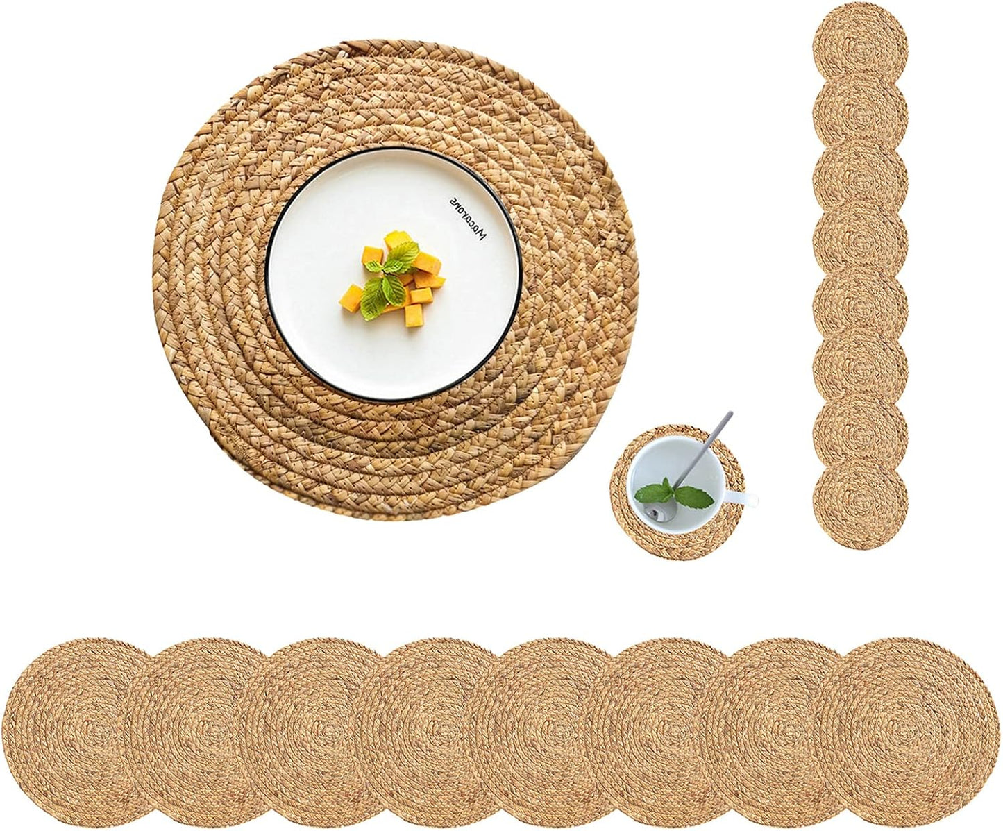 Natural Water Hyacinth Round Placemats Set of 8 with Coasters