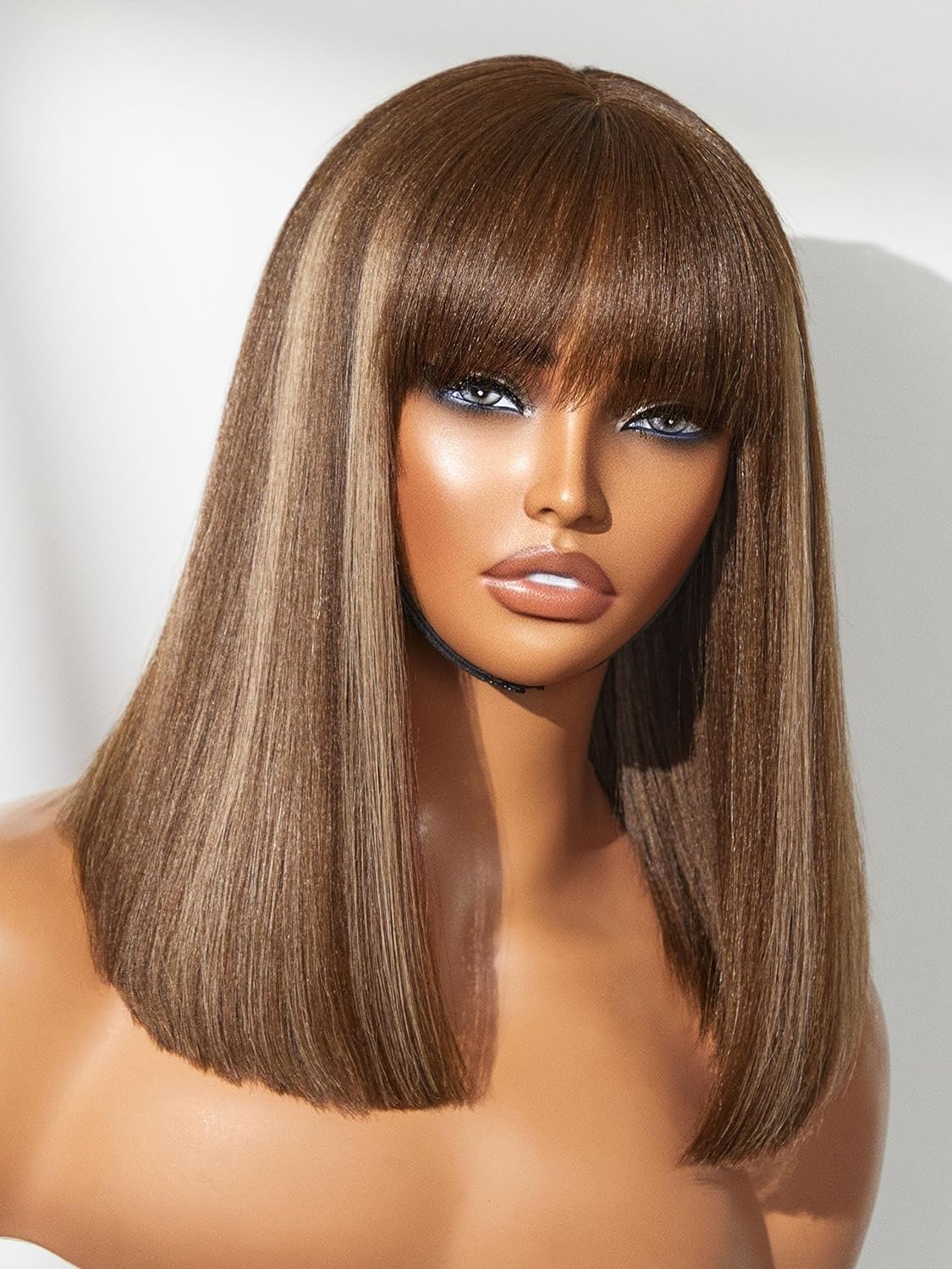 LUVME HAIR 14Inch Ash Blonde Highlights Yaki Bob Wig with Bangs