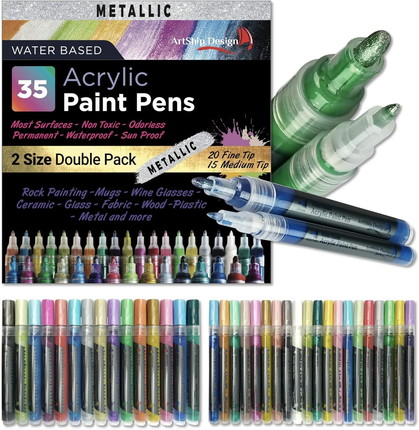 ArtShip Design 35 Metallic Acrylic Paint Pens for Creative Projects