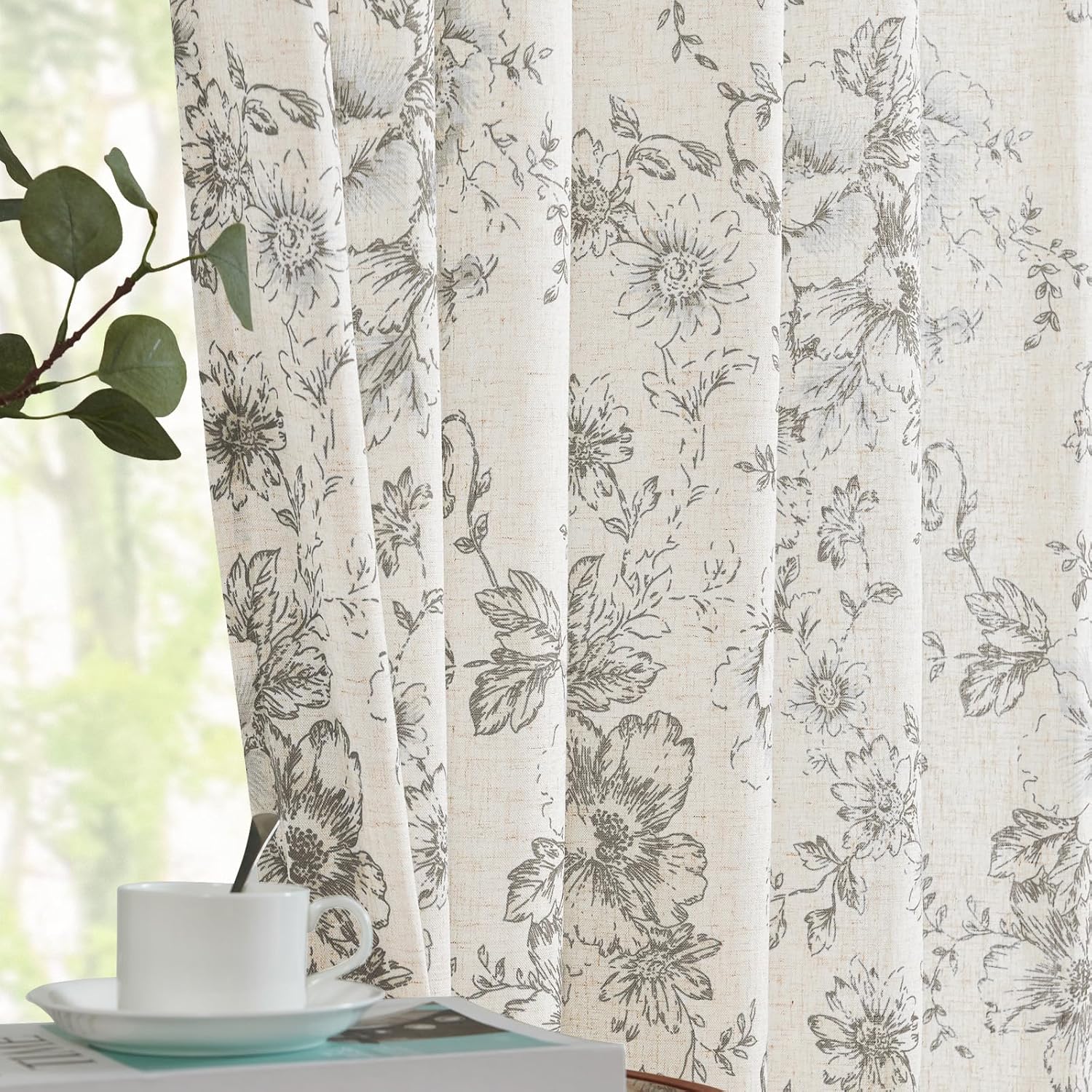 Floral Linen Blend Curtains for Living Room and Bedroom Decor