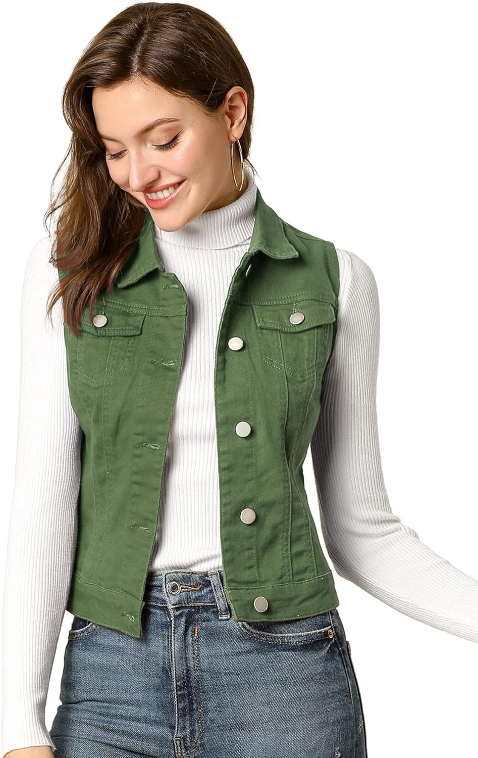 Allegra K Women's Buttoned Washed Denim Vest Jacket for Style
