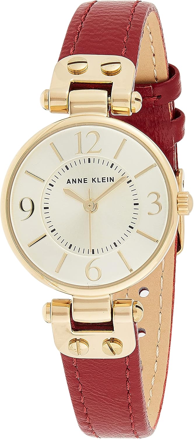 Anne Klein Women's Leather Strap Watch with Red Band and Gold Accents