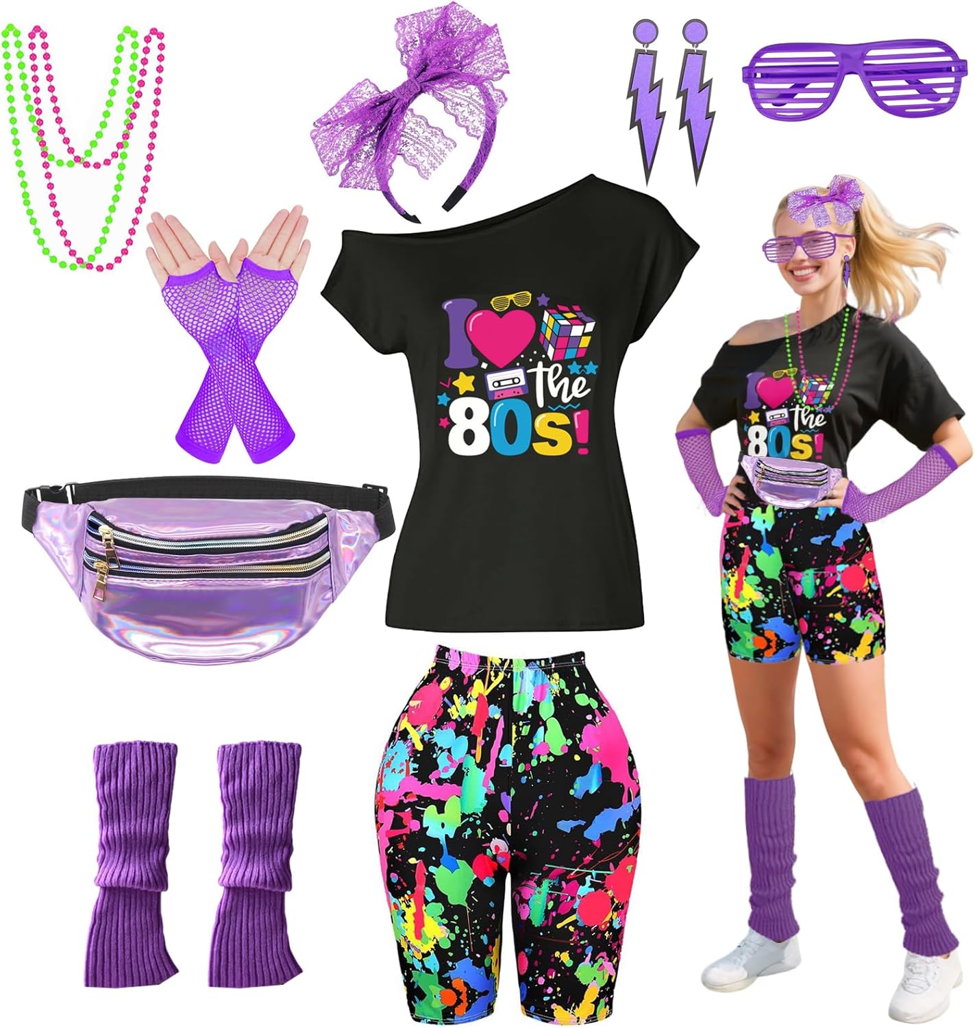 80s Outfit Women Costume Accessories Set for Retro Parties