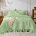 Sage Green Queen Comforter Set - Lightweight Ruffled Seersucker