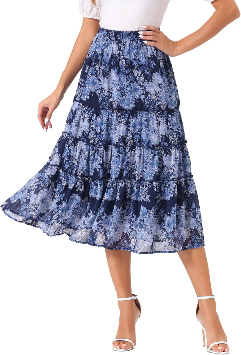 Allegra K Women's Floral Chiffon A-line Midi Skirt for Summer