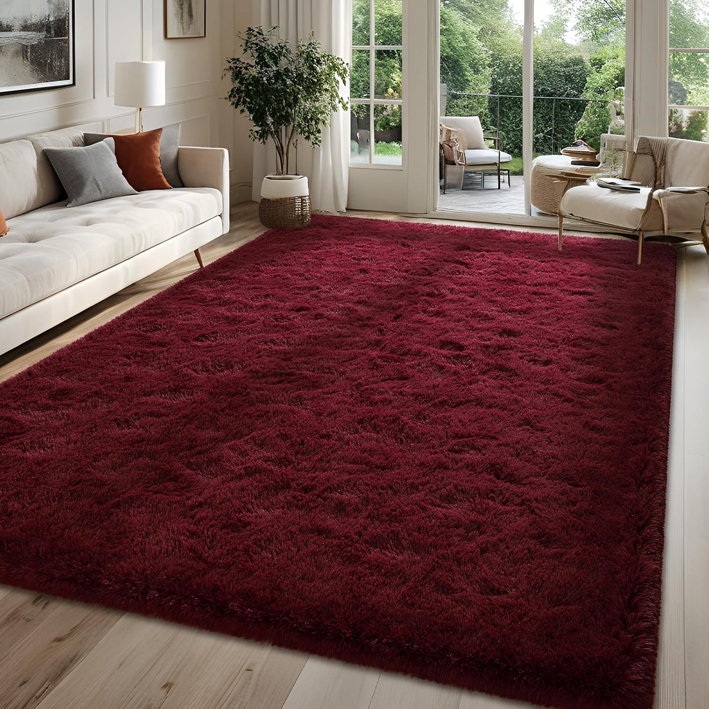 Large Burgundy Red Rugs for Living Room - Plush Fluffy Carpet
