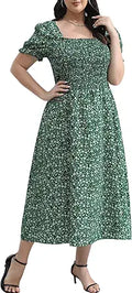 Women's 2024 Summer Casual Plus Size Smocked Midi Floral Dress