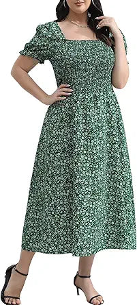 Women's 2024 Summer Casual Dress Plus Size Smocked Midi Floral
