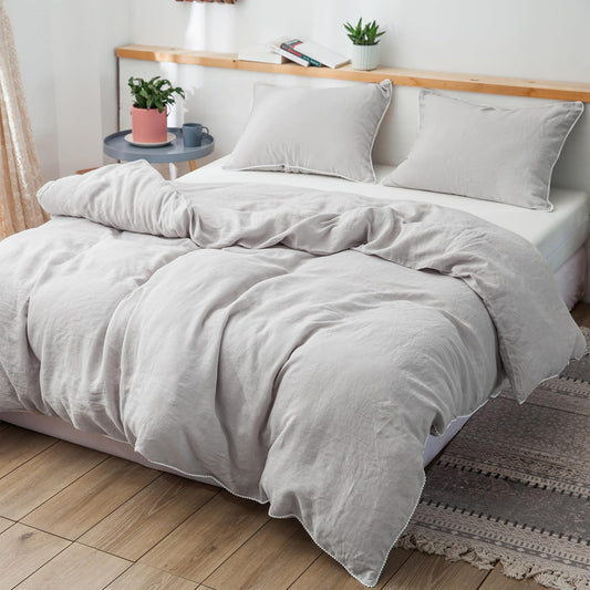 100% Washed Linen Duvet Cover Set with Pom Pom Trim for King