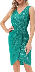 Sequin Sparkly Glitter Party Dress - Bodycon V-Neck Ruched
