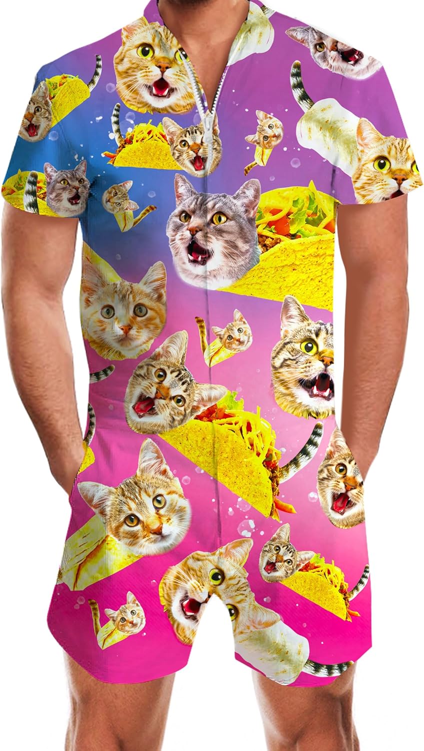 Stylish Male Hawaiian Romper with Zipper and Pockets for Summer