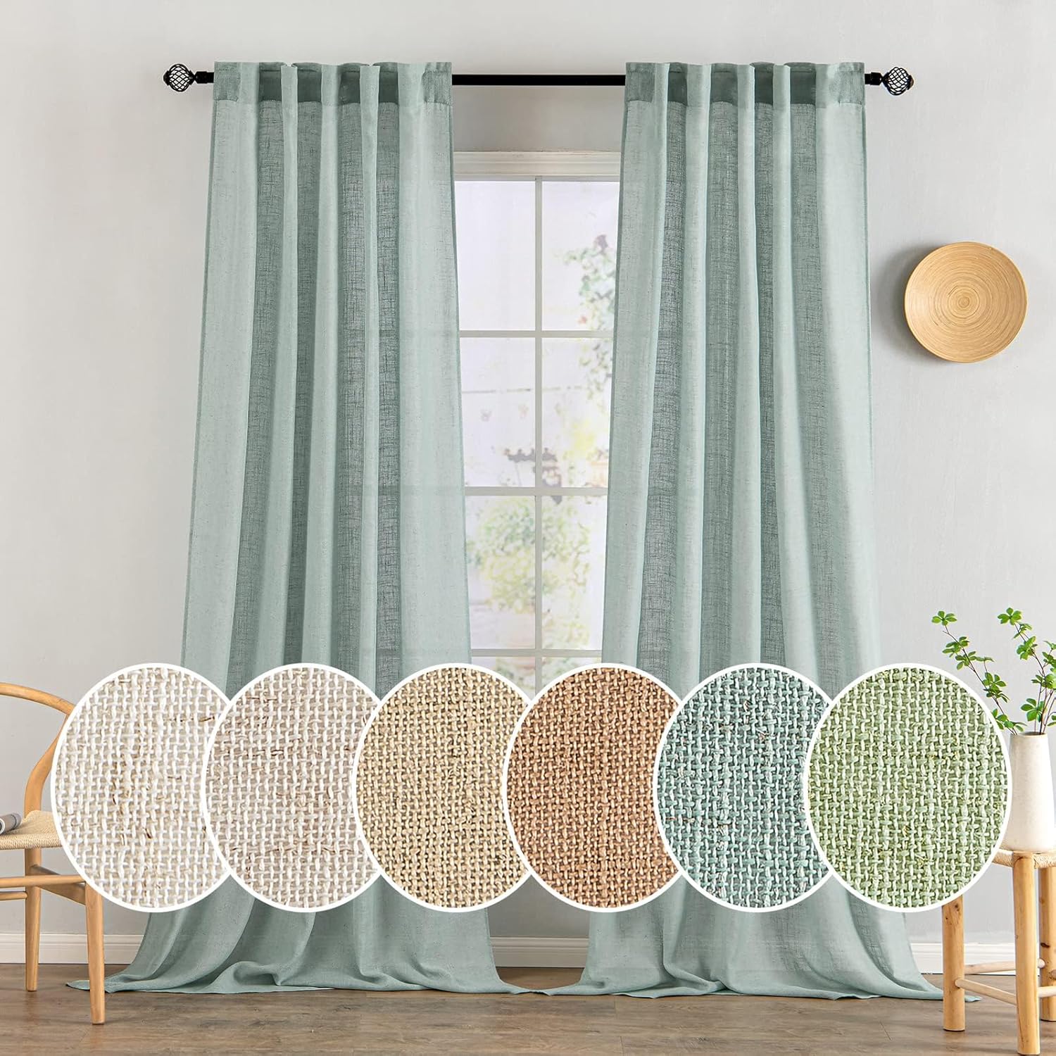 MIULEE Sea Green Linen Curtains 90 Inch Long for Stylish Decor