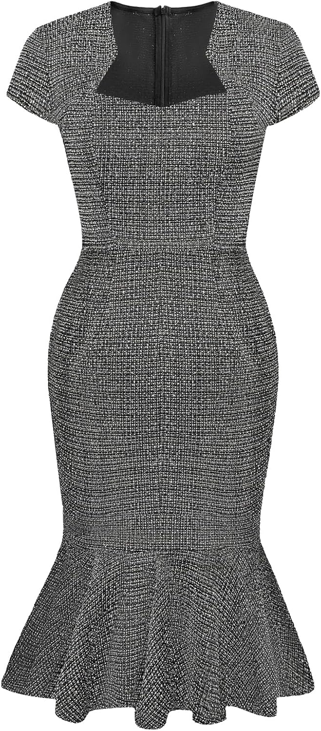 Elegant Cap Sleeve Fishtail Tweed Cocktail Bodycon Dress Review