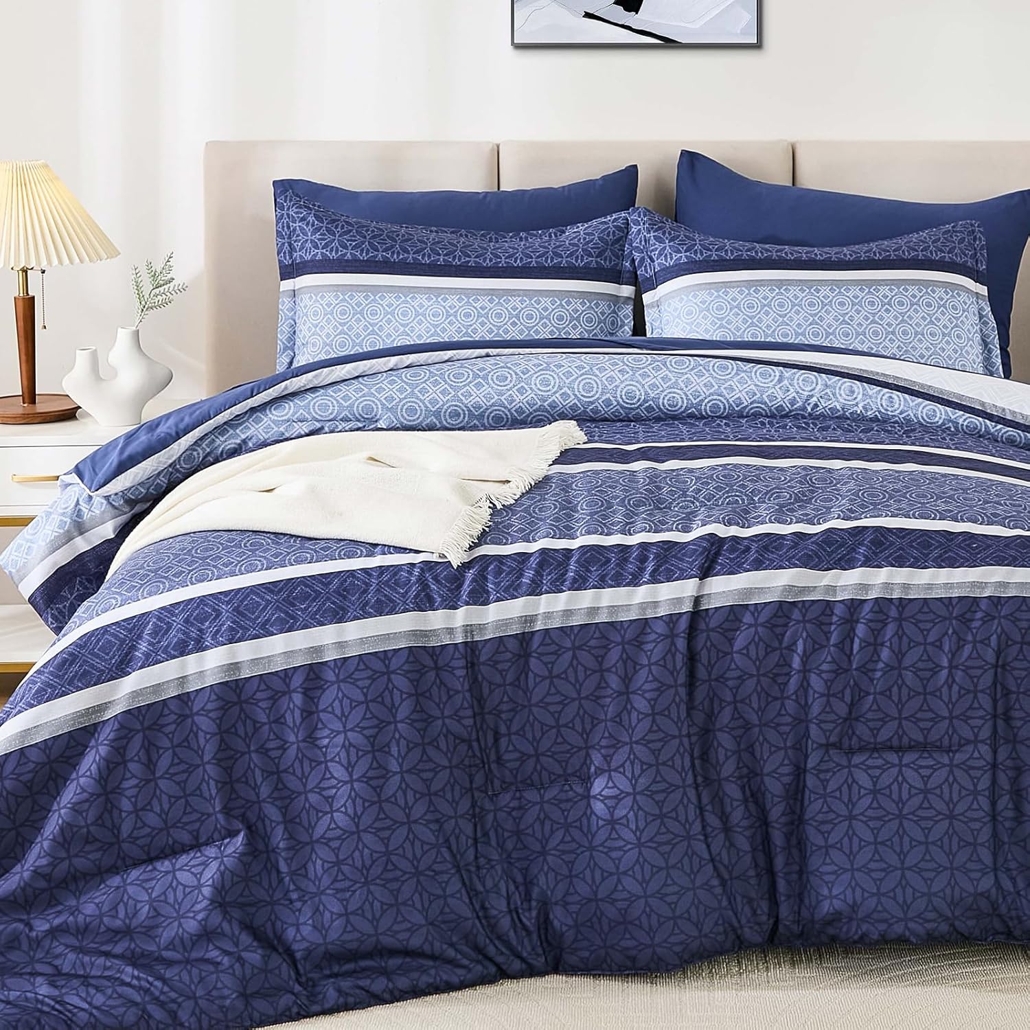 Navy Blue Striped Comforter Set King Size 7 Pieces for All Seasons