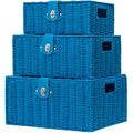 Woven Wicker Storage Basket Set of 3 with Lid & Handles - Sky Blue