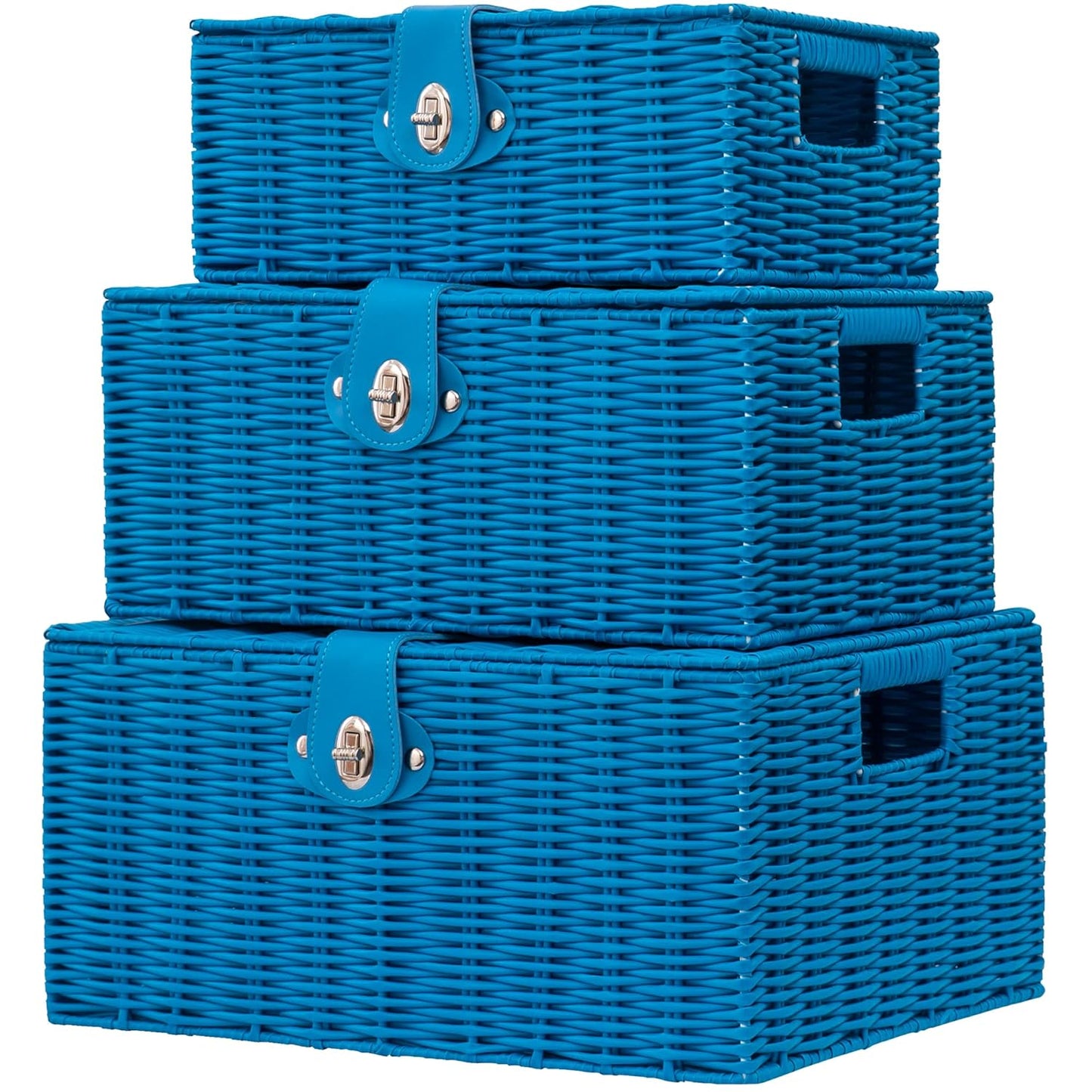 Set of 3 Woven Wicker Storage Baskets with Lid & Lock