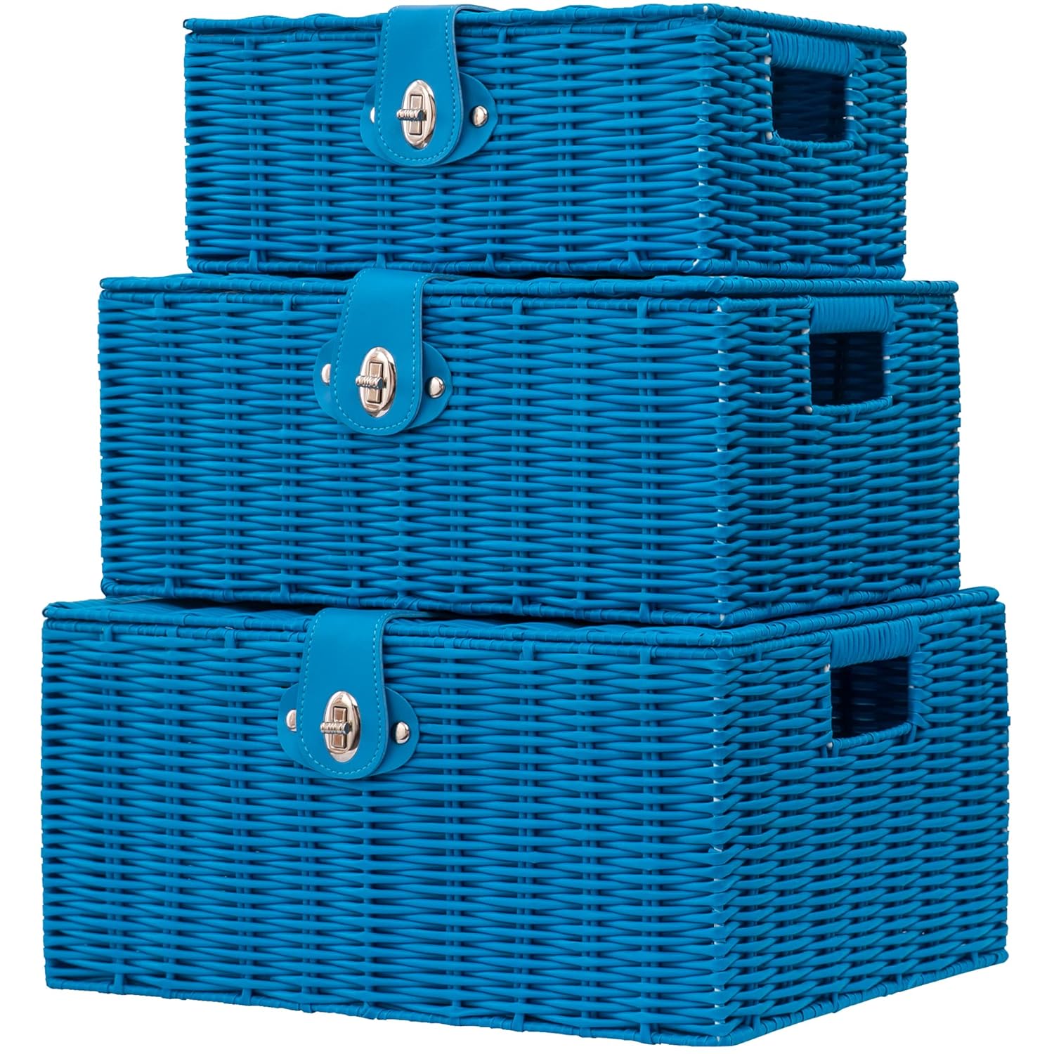 Set of 3 Woven Wicker Storage Baskets with Lid & Lock