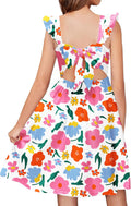Girls Summer Square Neck Ruffle Sleeve Tie Back Midi Dress Casual