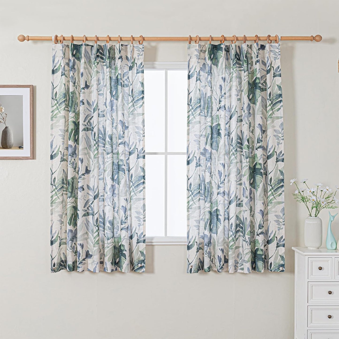Pinch Pleated Curtains for Living Room - Floral Linen Drapes