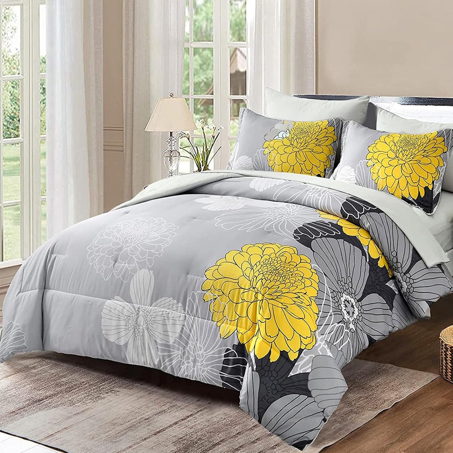 7 Pieces Bed in a Bag Yellow Floral Comforter Set for Queen
