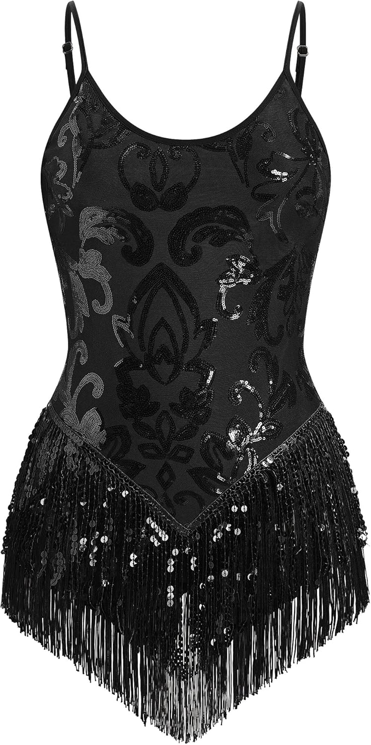 IBAKOM Women Sexy Sequins Fringe Bodysuit for Dance Events