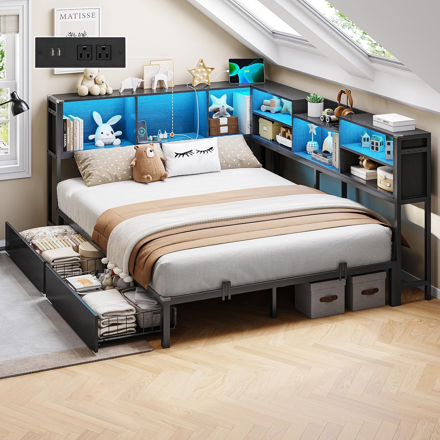 DICTAC Full Corner Bed Frame with Bookcase and LED Lights