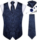 Mens Paisley Vest Tie Set with Lapel Pin Tie Clip - Classic Blue Look