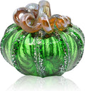 Handmade Glass Pumpkins - Squat Green Tinsel Tabletop Decor