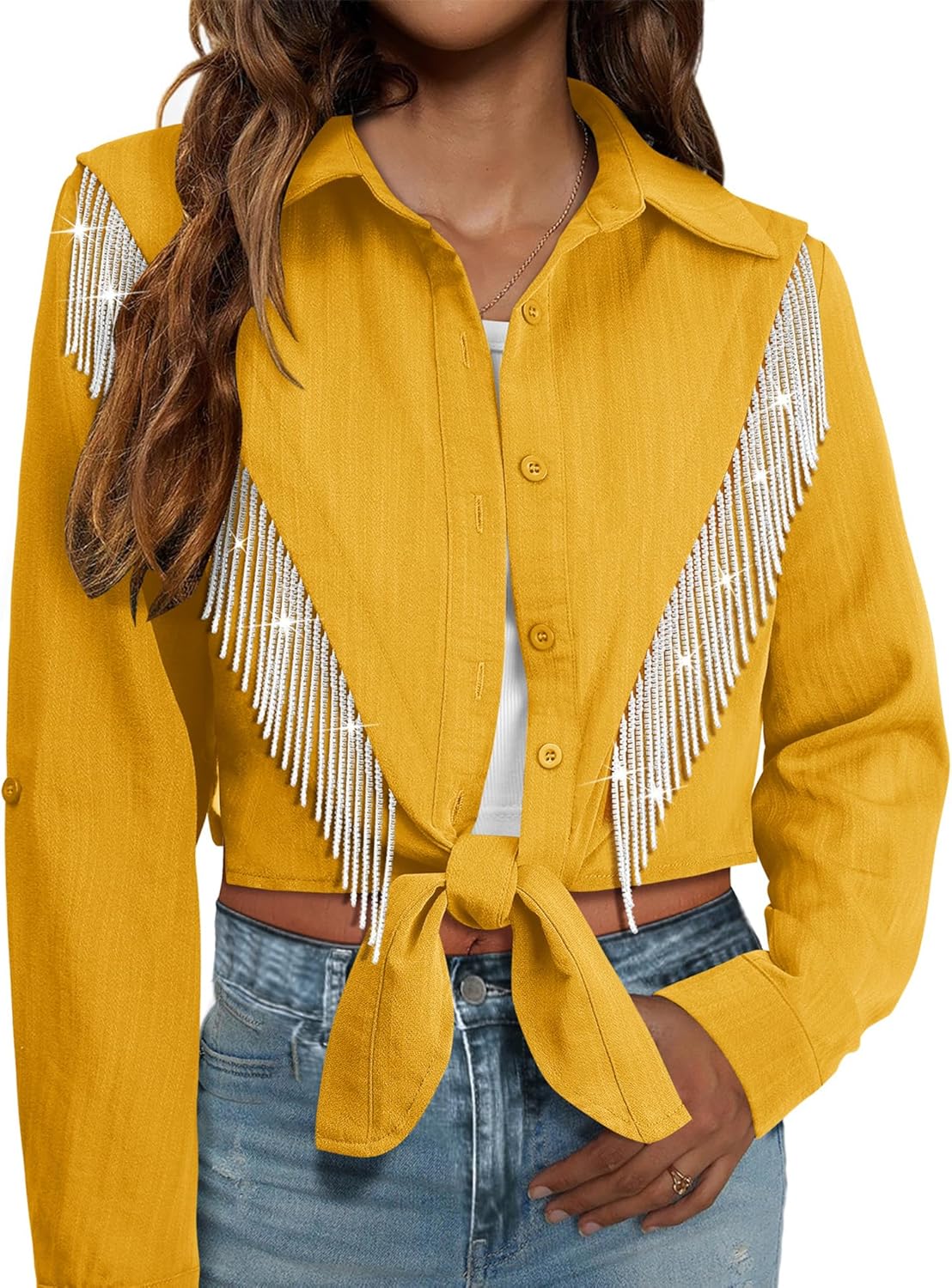 MYMORE Womens Sparkly Fringe Cropped Button Down Shirt for Cowgirls