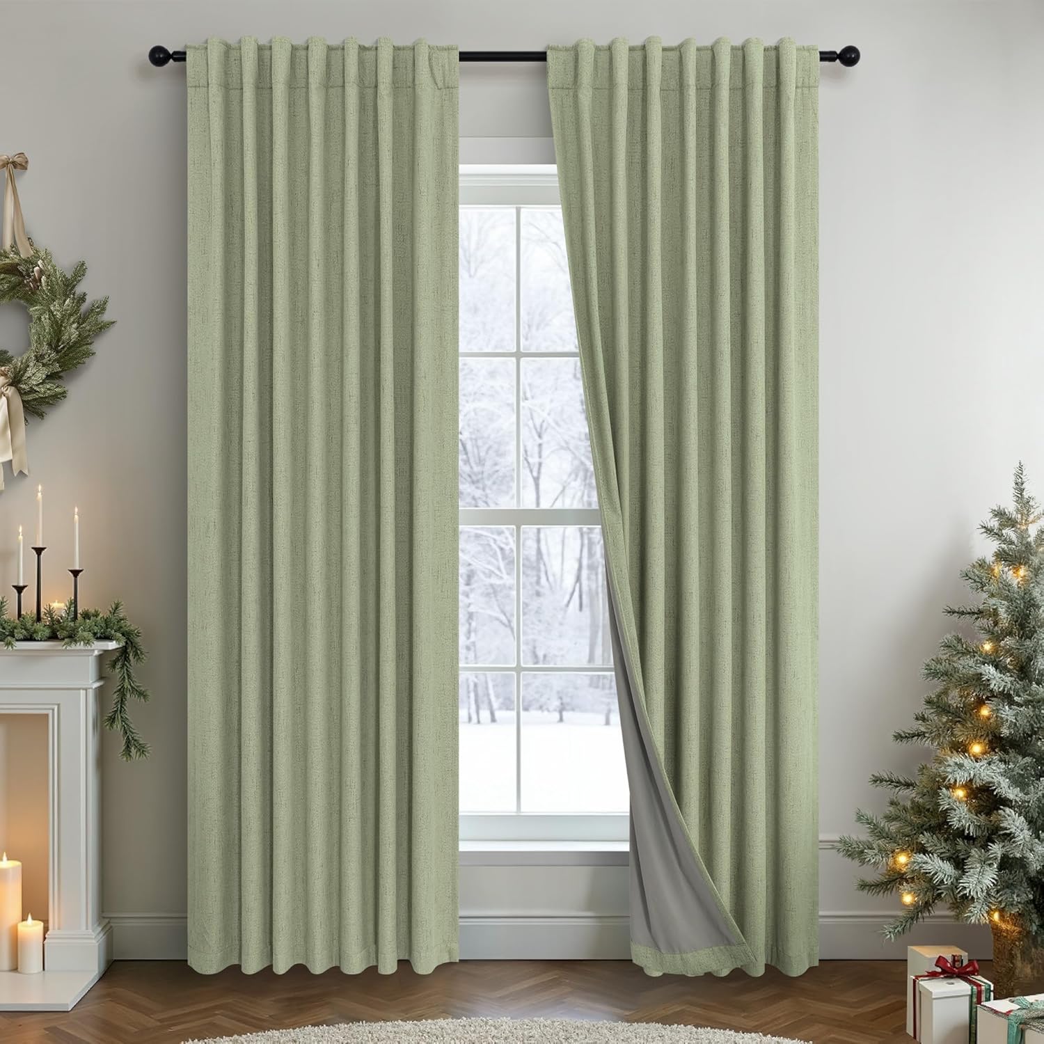 Light Sage Green Back Tab Blackout Curtains for Kids Room