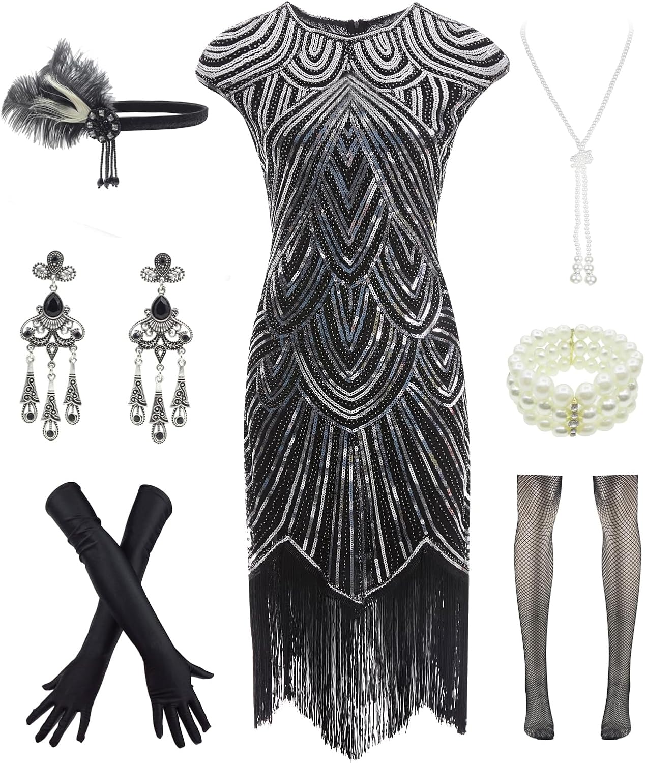Vintage Lace Fringed Gatsby 1920s Cocktail Dress with Accessories