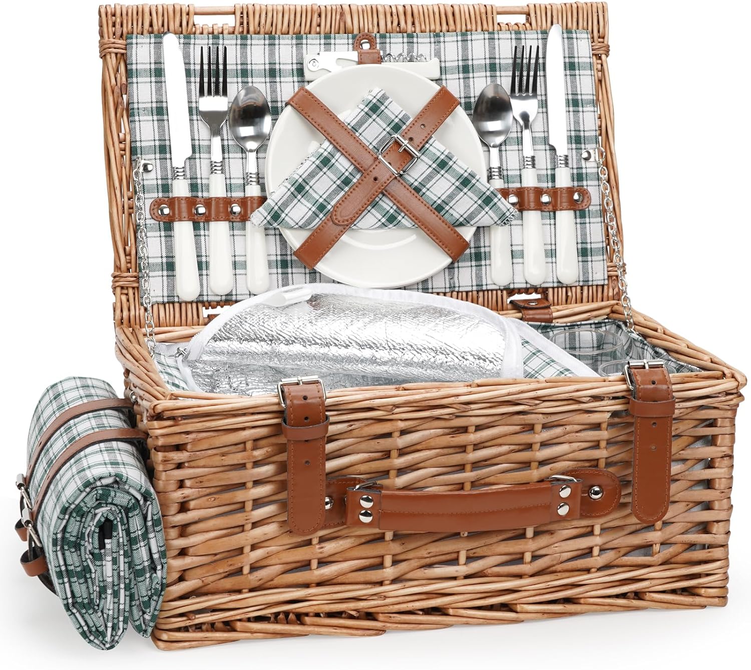 Wicker Picnic Basket Set for 2 with Insulated Cooler & Blanket