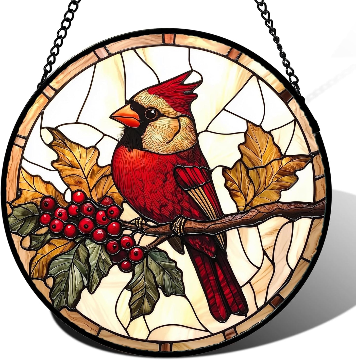 Stained Glass Window Hanging with Birds on a Branch Design