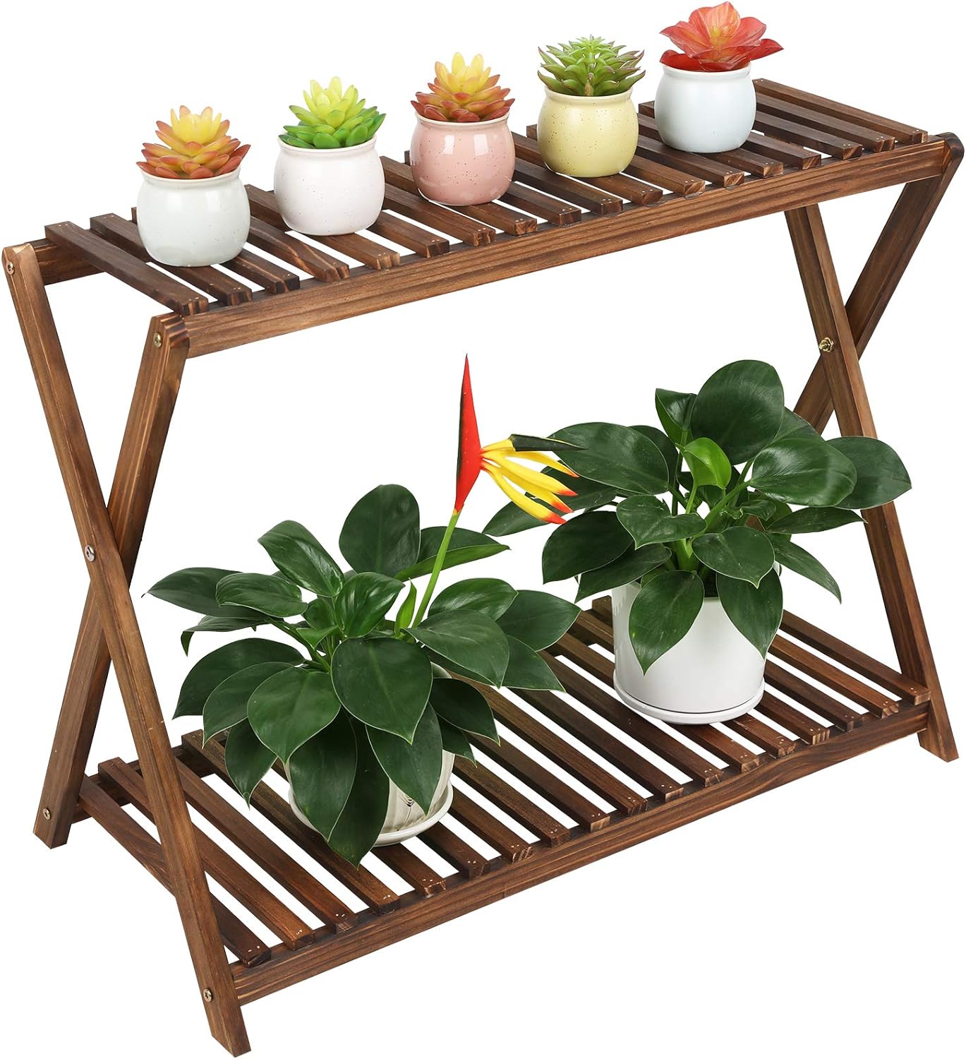 Wood Plant Stand Indoor Outdoor 2 Tiers Flower Display Rack
