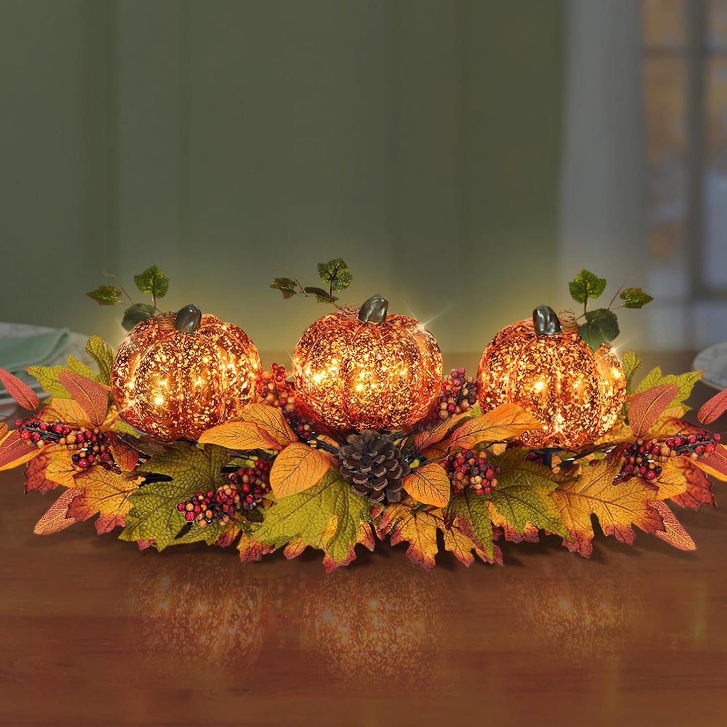 Fall Table Centerpiece with 3 Harvest Pumpkins for Autumn Decor
