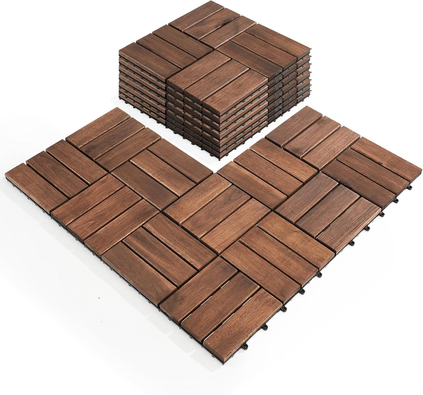 Pack of 10 Interlocking Acacia Wood Deck Tiles for Outdoor Use