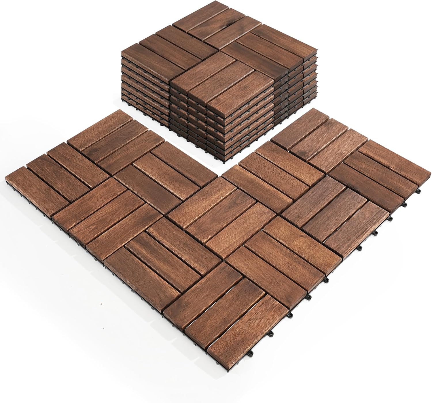 Pack of 10 Interlocking Acacia Wood Deck Tiles for Outdoor Use