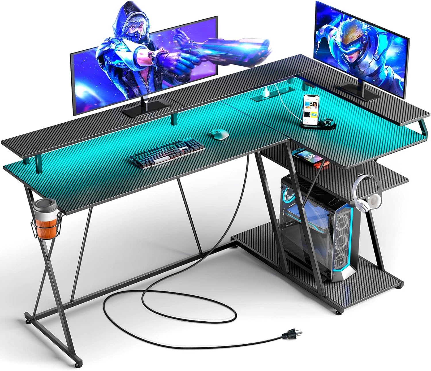 Gaming Desk with LED Lights & Storage