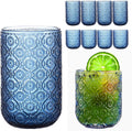 Blue Drinking Glasses Set of 8 - Vintage Floral Embossed Glassware