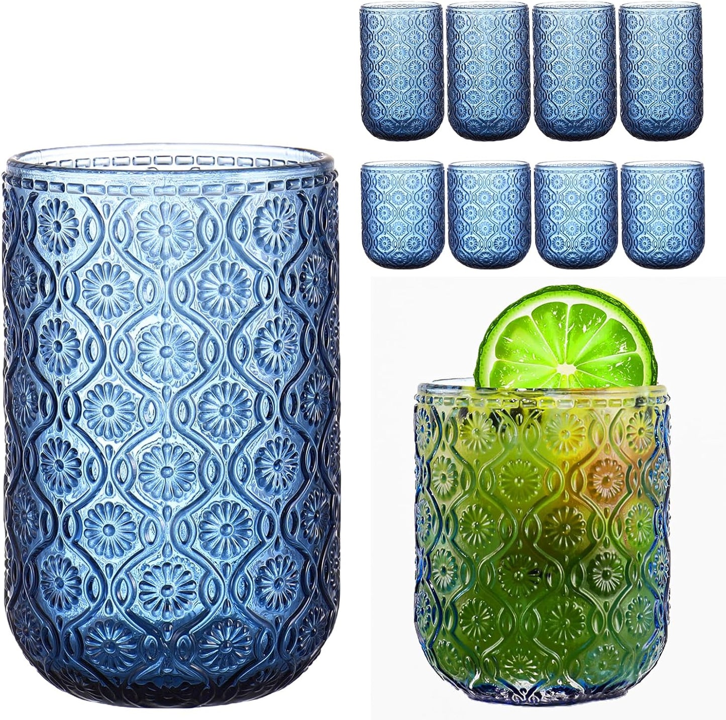 Blue Drinking Glasses Set of 8 for Vintage Style Kitchen Decor