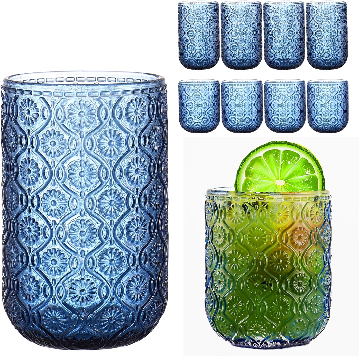 Blue Drinking Glasses Set of 8 for Vintage Style Kitchen Decor