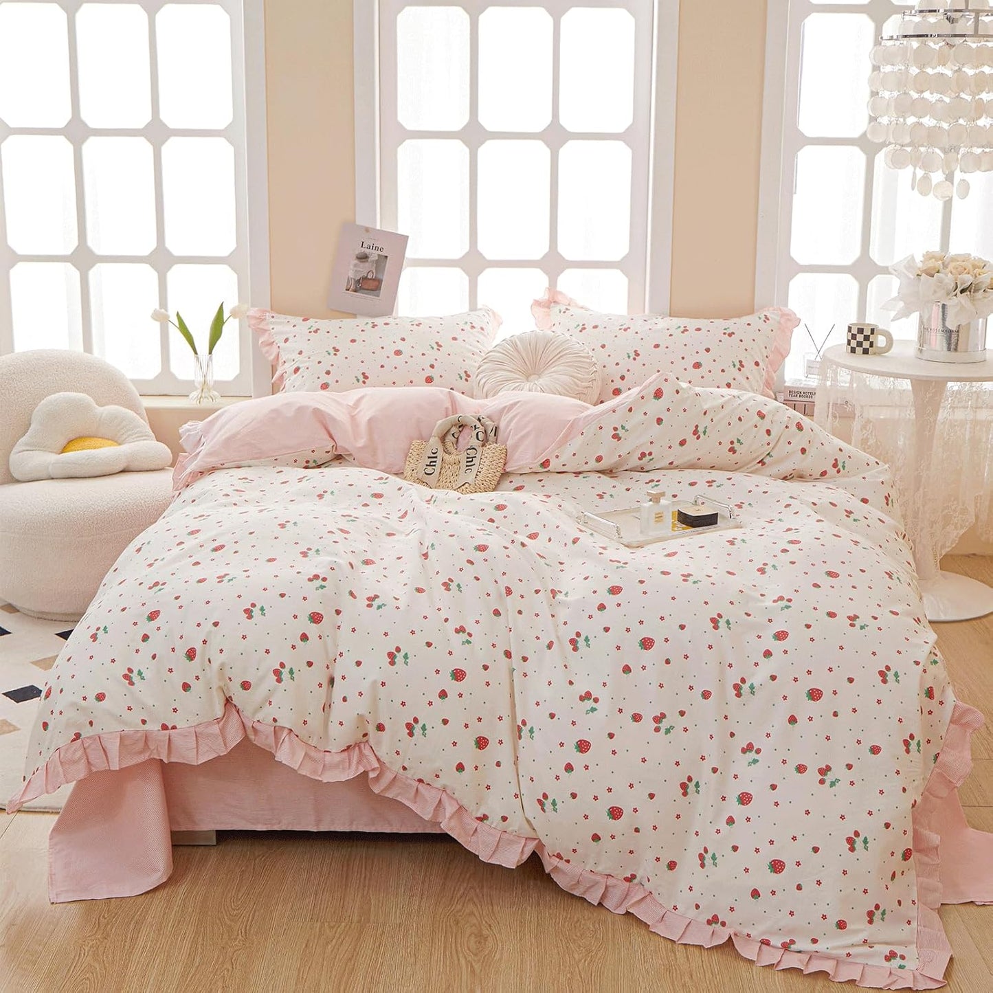 VM VOUGEMARKET Pink Ruffle Duvet Cover Queen for Teen Girls