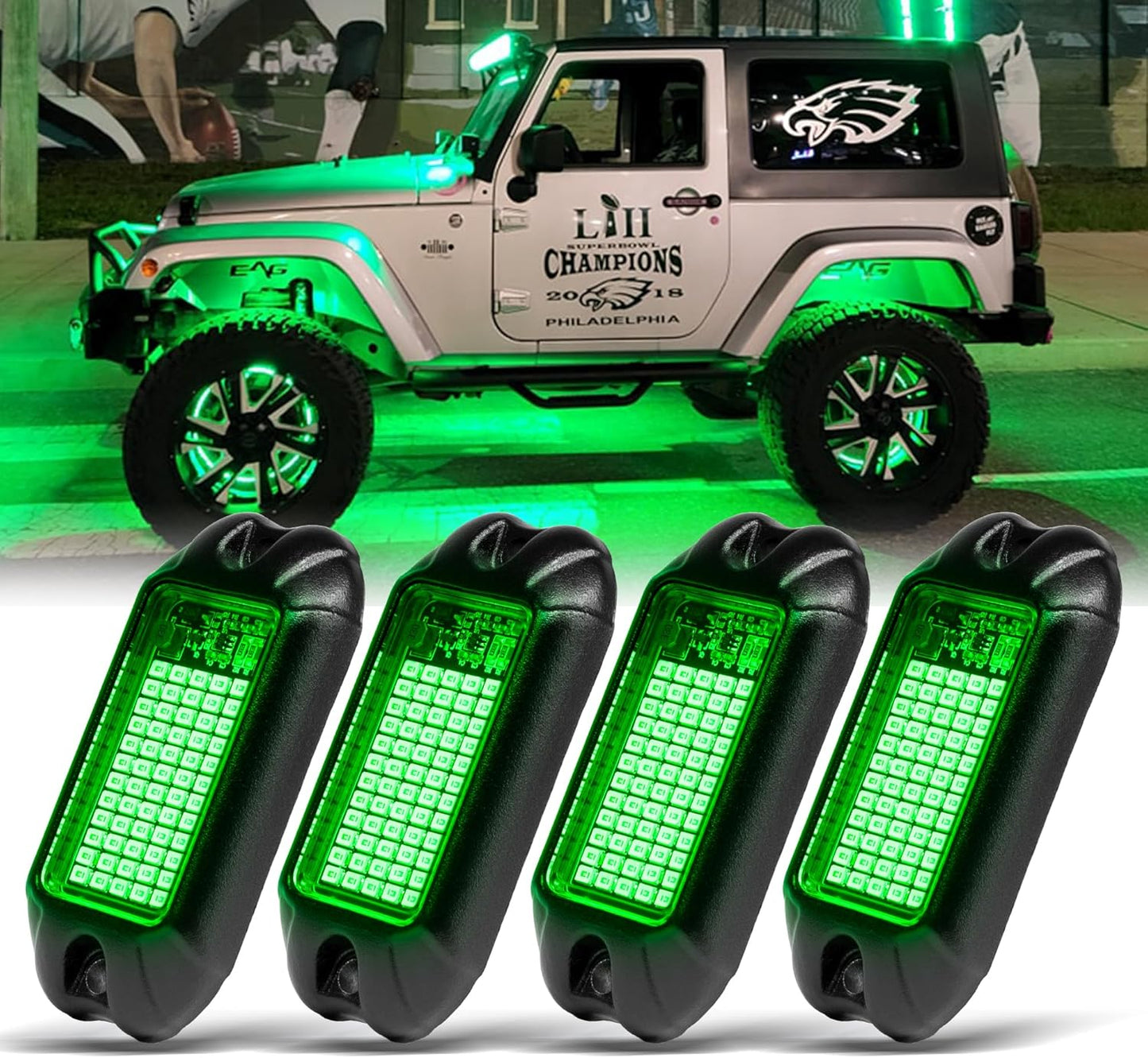 Nicoko 4Pods Pure Green LED Rock Lights for Cars and Trucks