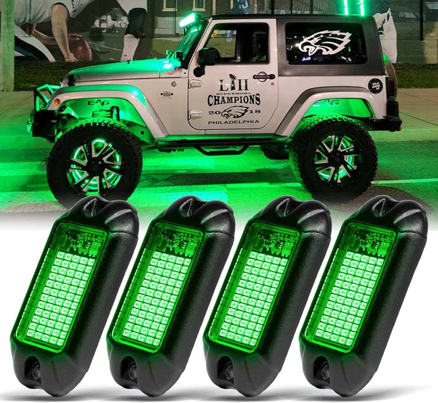 Nicoko 4Pods Pure Green LED Rock Lights for Cars and Trucks